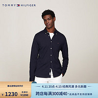 TOMMY HILFIGER 24春季男装纯棉珠地网眼商务净色修身衬衫MW0MW30675 藏青色DW5 M （：130-140斤）