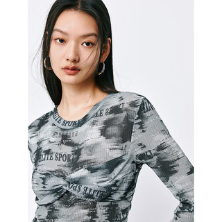 太平鸟字母晕染印花上衣2024夏季女士辣妹风网纱纽带衣服潮 灰色纹样 L