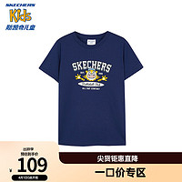 Skechers斯凯奇男女童卡通短袖T恤夏季儿童百搭舒适上衣L224K087 中世纪蓝/007D 130cm