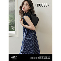 KUOSE 阔色 蓝色格子无袖牛仔背心裙女2024春夏新款v领毛边连衣裙短裙子