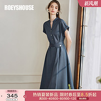 Roey s house 罗衣时尚通勤深蓝色连衣裙女2024春夏新款优雅系带大摆裙子10222