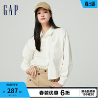 Gap女装春季2024抽绳开叉长袖刺绣翻领衬衫纯棉上衣873202 白色 175/92A(XL) 亚洲尺码