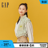Gap女装春季2024抽绳开叉长袖刺绣翻领衬衫纯棉上衣873202 绿色条纹 160/80A(S) 亚洲尺码