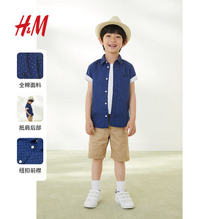 H&M 童装男童衬衫夏季纯棉短袖刺绣图案正装折领休闲上衣0930483 海军蓝/波点 100/56