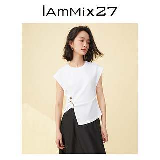 Iammix27夏季T恤女个性不对称开衩时尚百搭白色盖肩无袖套头T恤女 白色 S