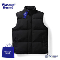 WASSUP HERMU潮牌联名马甲外套男女秋冬季宽松加厚保暖无袖坎肩高品质休闲背心 黑色 3XL(140-160斤)