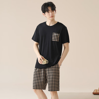 从心亲肤棉睡衣男夏季短袖短裤男士睡衣夏天薄款大码可外穿家居服套装 G 72111黑色 男L (高165-175重100-120斤)