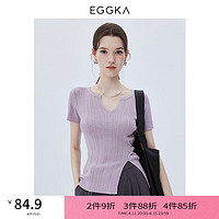 EGGKA V领短袖侧开叉针织上衣2024春秋时尚修身显瘦纯色打底上衣 紫色 L