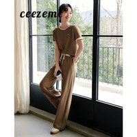 ceezemc香港潮牌休闲运动套装女 2024夏季正肩短袖T恤松紧直筒阔腿裤 杏仁棕 L 115斤-125斤
