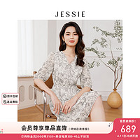 JESSIE雅致印花V领系带收腰五分袖连衣裙女2024夏 黑色 S