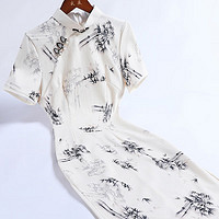 戚薇中国风水墨画旗袍2024改良年轻款高 端气质优雅复古民国 米色 S