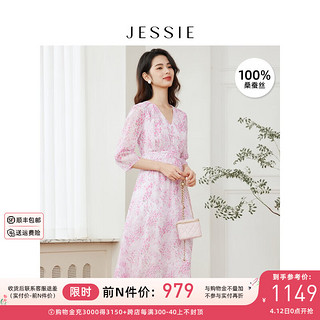 JESSIE【桑蚕丝】印花V领七分袖真丝连衣裙2024夏款 粉色 S