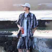 沂伦赫夏季薄款冰丝套装男宽松泼墨短袖衬衫潮牌痞帅休闲运动短裤两件套 灰色套装 M
