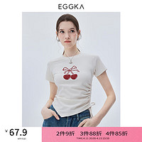 EGGKA 插肩短袖印花T恤2024春夏时尚百搭侧绑带圆领打底上衣 杏色 S