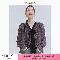 EGGKA 紫色格子荷叶边雪纺衫2024春季法式设计感小众别致长袖衬衫 紫色 S