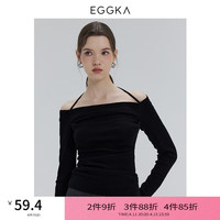 EGGKA 一字肩挂脖针织衫女春秋修身显瘦小众设计长袖套头上衣 黑色 均码