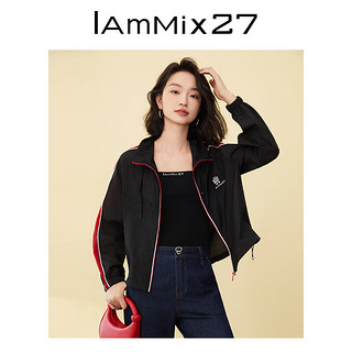 Iammix27时尚翻领薄外套女个性不对称撞色拼接抽绳减龄运动上衣女 黑色 S