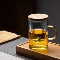 朗特乐(Le Bronte)高硼硅玻璃水杯竹木盖透明茶水分离绿茶杯办公家用过滤泡茶花茶杯 观山杯400ml