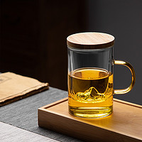 朗特乐（Le Bronte）高硼硅玻璃水杯竹木盖透明茶水分离绿茶杯办公家用过滤泡茶花茶杯 观山杯400ml