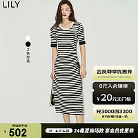 LILY2024夏女装别致抽绳气质通勤复古修身长款短袖针织连衣裙 604米白 L