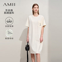 AMII2024夏宽松圆领套头弹力华夫格肌理绣花棉质连衣裙女款 奶油白 155/80A/S