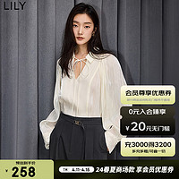 LILY 2024春女装温柔时尚流光优雅系带灯笼袖垂坠感衬衫雪纺衫 604米白 L