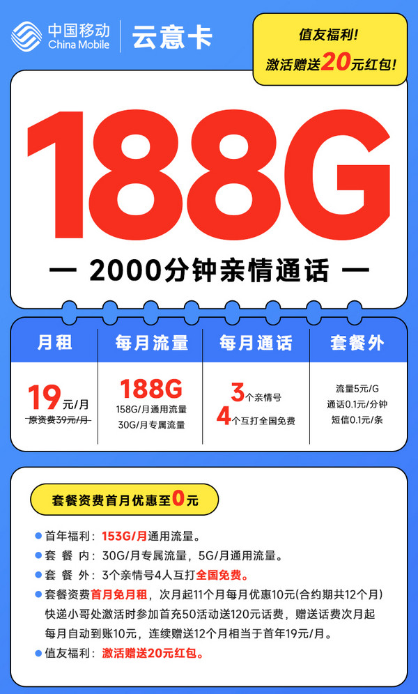 China Mobile 中国移动 云意卡 1年19元月租（188G全国流量+本地归属+4人亲情号互打免费）激活送20红包