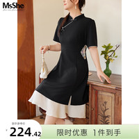 MsShe大码女装2024春夏胖mm新中式国风改良钉珠盘扣刺绣贴布针织裙 黑色 3XL
