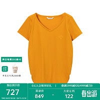 例外（EXCEPTION）女装2024春季T恤轻薄透气V领设计短袖针织衫女 深橙 34Y(155/80Y)