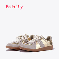 Bella Lily2024春季牛皮拼色德训鞋女金色潮流板鞋低帮休闲鞋 金色 35