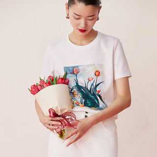 娜尔思·灵（naersiling）24春季通勤植物花卉套头百搭短袖衫T恤上衣女 白色 S