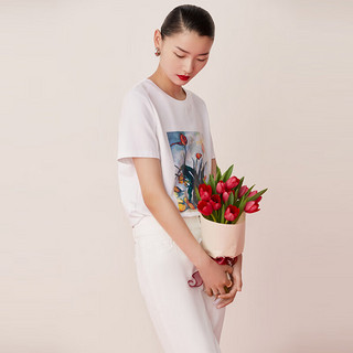娜尔思·灵（naersiling）24春季通勤植物花卉套头百搭短袖衫T恤上衣女 白色 S