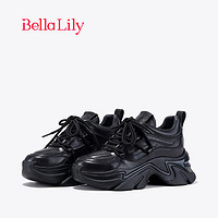 Bella Lily2024春季牛皮增高老爹鞋女欧美松糕鞋时尚运动鞋子 黑色 35