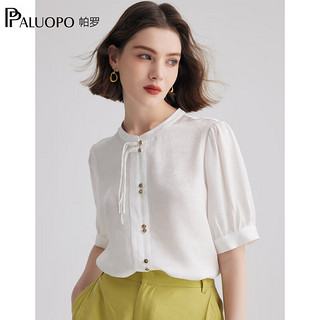 帕罗（PALUOPO）新中式女士短袖t恤24春夏纯色圆领真丝上衣100%桑蚕丝半小众 白色 L(165/88A)