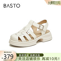 BASTO 百思图 24夏季复古织猪笼鞋粗跟女罗马凉鞋WZF19BL4 米白 39