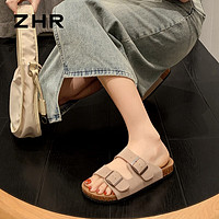 ZHR勃肯鞋女软木外穿真牛皮夏季一字带鞋子休闲时尚舒适凉拖鞋女 卡其色 39