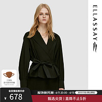 歌力思（ELLASSAY）2024春夏棉感通勤气质系带收腰灯笼袖翻领风衣女EWD351F00200 经典黑 XS