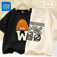 真维斯童装男童短袖t恤2024夏季儿童纯棉休闲上衣中大童圆领夏装衣服潮 黑/J字母帽子-杏/神秘符号 150