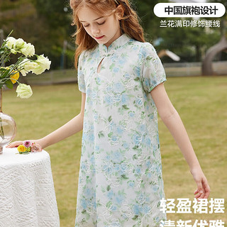 森林与孩子女童裙子2024夏薄款儿童甜美花朵满印裙子复古旗袍裙 花色 130