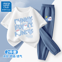 JEANSWEST CLUB真维斯集团男童潮帅气时髦套装2024夏季纯棉短袖儿童夏装衣服 跳跃鲨白+抱鱼鲨K牛仔蓝 160cm(160cm)