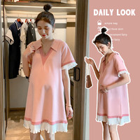 苒琦妈咪装夏装2024时尚v领大码宽松显瘦连衣裙短袖上衣夏天裙子 粉色 L