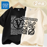 真维斯童装男童短袖t恤2024夏季儿童纯棉休闲上衣中大童圆领夏装衣服潮 黑/J腰果纹-杏/神秘符号 110