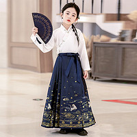 安妮优儿（Anneyol）马面裙女童套装春季儿童汉服裙子2024古风服装女孩中国风古装 蓝色织锦套装 160