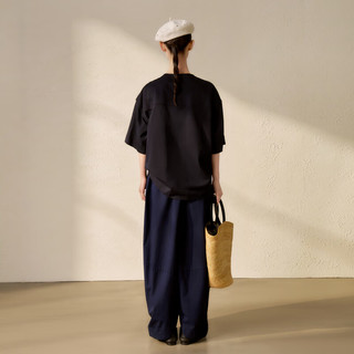 例外（EXCEPTION）【新中式】女装2024春季裤子松紧腰裤脚收紧九分阔腿裤女 藏蓝 36Y(160/84Y)