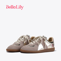Bella Lily2024春季平底牛皮德训鞋女经典潮流板鞋显瘦休闲鞋 金色 35