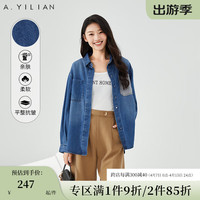 阿依莲撞色时尚牛仔衬衫春装2024年女款港风复古穿搭气质上衣 牛仔蓝 XL