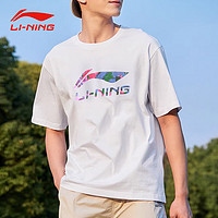 LI-NING 李宁 短袖t恤男夏季圆领大logo印花透气宽松跑步运动服饰休闲上衣 白色-速干款 M