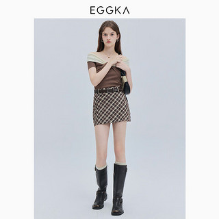 EGGKA 撞色一字肩长短两袖针织衫女2024春季修身显瘦时尚气质上衣 黑色-长 E24A4035ZQ  M