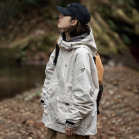 Mary June MaryJune山系轻冲锋衣男女春秋时尚潮流宽松简约大口袋防风连帽夹克外套潮 米白