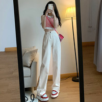 雨泽伦(YUZELUN)复古港风高腰阔腿牛仔裤女小个子宽松直筒垂感拖地裤 米白色 M